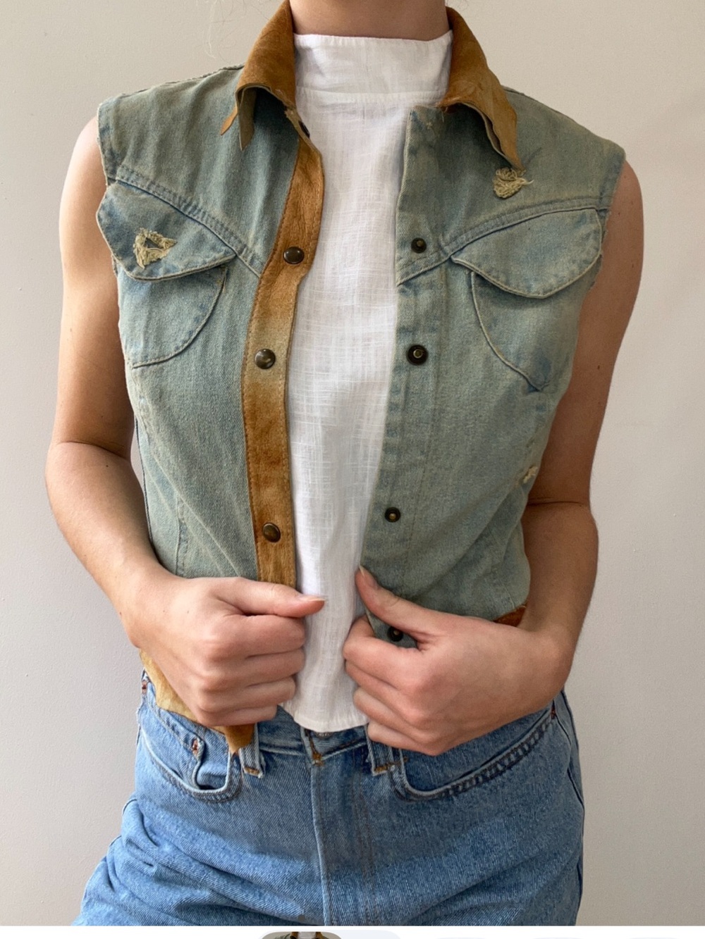 Vintage Light Blue Denim Sleeveless Vest with Tan Suede Trim